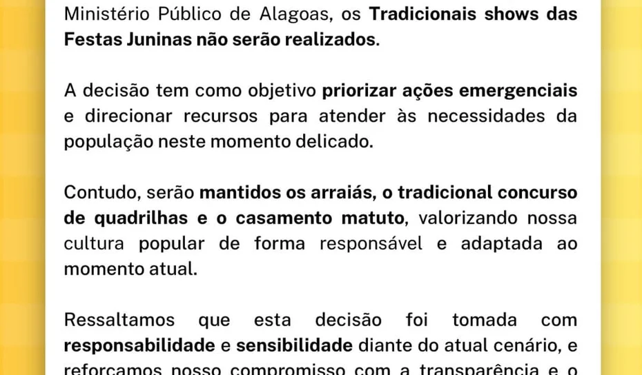 Prefeitura de São Luís do Quitunde cancela shows de São João e prioriza vítimas das enchentes